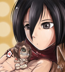 Rule 34 | 1girl, abs, anger vein, black eyes, black hair, brown hair, chibi, colossal titan, cporing, green eyes, grey eyes, hair between eyes, highres, holding, mikasa ackerman, monster, muscular, nude, pointy ears, rogue titan, role reversal, scarf, shingeki no kyojin, short hair, teeth, titan (shingeki no kyojin)