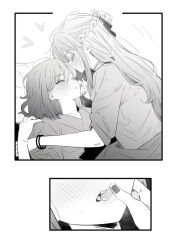 2girls blush braid closed_eyes commentary finger_in_another&#039;s_mouth greyscale half_up_braid highres long_hair lwmina70119 miyagi_shiori monochrome multiple_girls open_mouth sendai_hazuki shirt short_hair short_sleeves shuuniichido_classmate_wo_kau_hanashi sweatdrop yuri