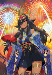 1girl aerial_fireworks black_gloves black_hair blue_kimono breasts closed_mouth copyright_notice cup dark-skinned_female dark_skin dragon_girl dragon_horns dragon_musume_ni_naritakunai! duel_masters eyewear_on_head fireworks from_below gloves gradient_sky hair_ornament highres holding holding_cup horns japanese_clothes kimono long_hair long_sleeves official_art orange_eyes outdoors print_kimono saitou_naoki sakazuki sava_k_zeos sidelocks skirt sky sleeveless solo standing thigh_strap third_eye yukata