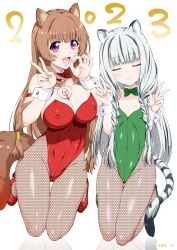 2023 2girls animal_ears atla_fayon blunt_bangs bow braid brown_hair closed_eyes covered_erect_nipples double_v fellatio_gesture fishnet_pantyhose fishnets green_bow green_footwear green_leotard high_heels highres kneeling leotard long_hair looking_at_viewer marui multiple_girls open_mouth pantyhose pink_eyes playboy_bunny raccoon_ears raccoon_girl raccoon_tail raphtalia red_bow red_footwear red_leotard sidelocks signature simple_background slave_tattoo tail tate_no_yuusha_no_nariagari tattoo tiger_tail twin_braids v very_long_hair white_background