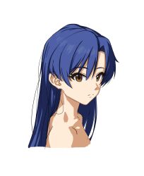 1girl absurdres asymmetrical_bangs bare_shoulders blue_hair brown_eyes closed_mouth collarbone eyelashes facing_viewer fivoclock hair_between_eyes highres idolmaster idolmaster_(classic) kisaragi_chihaya long_hair looking_at_viewer portrait simple_background solo white_background