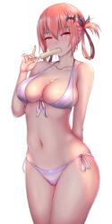 Rule 34 | 1girl, bare shoulders, bat hair ornament, bikini, blush, breasts, cleavage, collarbone, dot nose, female focus, food, gabriel dropout, hair ornament, ice cream, legs, looking at viewer, medium breasts, navel, navel piercing, open mouth, piercing, pink eyes, red hair, satanichia kurumizawa mcdowell, side-tie bikini bottom, simple background, solo, standing, striped bikini, striped clothes, swimsuit, thighs, white background