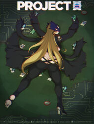 1girl @_@ ankle_gun ass beelstarmon belt black_boots black_coat black_gloves black_mask black_pants black_scarf black_vest blonde_hair boots breasts butt_crack card circuit_board coat commentary cropped_vest dclaret digimon digimon_(creature) digimon_card_game english_commentary eye_mask full_body gloves high_heel_boots high_heels highres holding holding_card large_breasts leather leather_pants long_hair lying mask on_stomach open_mouth outstretched_arms pants parody poster_parody project_x_(movie) scarf shadow shoes sidelocks single_shoe solo stirrup_legwear third_eye tight_clothes tight_pants toeless_legwear torn_clothes torn_coat trading_card unconscious underboob vest watermark web_address x-antibody