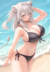 1girl absurdres ahoge animal_ear_fluff animal_ear_piercing animal_ears aoi_zerii arm_up beach bikini black_bikini black_nails breasts closed_mouth day double-parted_bangs front-tie_bikini_top front-tie_top grey_eyes grey_hair hair_between_eyes highres hololive large_breasts lion_ears lion_tail long_hair looking_at_viewer nail_polish navel outdoors paid_reward_available shishiro_botan side-tie_bikini_bottom sidelocks smile solo swimsuit tail virtual_youtuber wet
