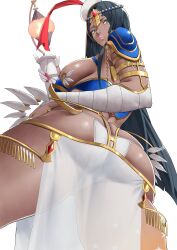 1girl absurdres arm_wrap armlet armor ass back bandaged_arm bandages black_hair blue_armor bracelet breasts butt_crack circlet dark-skinned_female dark_skin facial_mark fate/grand_order fate_(series) feathers forehead_jewel green_eyes hat highres jewelry large_breasts long_hair looking_at_viewer looking_back parted_bangs pauldrons pelvic_curtain scheherazade_(fate) scroll shoulder_armor solo staff thighs yoshio_(55level)