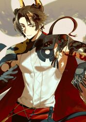 Rule 34 | 1boy, absurdres, arknights, blonde hair, brown hair, cape, chongyue (arknights), colored extremities, commentary typo, cowboy shot, earrings, hair intakes, highres, horns, jewelry, long hair, looking at viewer, male focus, multicolored hair, pointy ears, red cape, red eyes, shirt, smile, solo, standing, streaked hair, watermark, white shirt, yun-yang