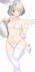 Rule 34 | 1girl, animal ears, bikini, breasts, brown eyes, choker, fake animal ears, grey hair, hataraki kuma, highres, one eye closed, original, playboy bunny bikini, playboy bunny swimsuit, rabbit ears, rabbit tail, short hair, simple background, small breasts, solo, standing, standing on one leg, swimsuit, tail, thighhighs, tray, waving, white background, white bikini, white choker, white thighhighs, wrist cuffs