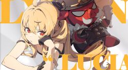 1girl absurdres ahoge bare_arms bare_shoulders black_dress black_gloves blonde_hair character_name closed_mouth dress gloves hair_between_eyes half_gloves hand_on_own_cheek hand_on_own_face head_rest highres incredibly_absurdres long_hair looking_at_viewer luciana_de_montefio lying mindscape_cinema_(zenless_zone_zero) official_art on_stomach pig red_eyes resized side_ponytail sleeveless solo strap_slip third-party_edit upscaled v-shaped_eyebrows very_long_hair zenless_zone_zero