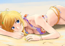 1girl bare_shoulders bikini blonde_hair blue_eyes bracelet breasts cleavage collarbone floral_print hair_ornament highres idolmaster idolmaster_cinderella_girls jewelry long_hair looking_to_the_side lying medium_breasts mizuki_(mizuki_ame) necklace ohtsuki_yui on_back ponytail purple_bikini smile swimsuit yellow_nails