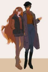 2girls black_boots blue_pants blue_shorts boots bow brown_boots brown_coat brown_eyes brown_hair brown_hairband brown_pantyhose coat full_body hair_bow hairband highres huyj_cl ishmael_(project_moon) jewelry lapels limbus_company long_hair looking_at_viewer multiple_girls necklace notched_lapels orange_hair orange_sweater outis_(project_moon) pants pantyhose project_moon short_hair shorts sidelocks simple_background sweater very_long_hair white_background white_bow