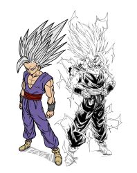 1boy absurdres dougi dragon_ball dragon_ball_super dragon_ball_super_super_hero electricity fenyon full_body gohan_beast grey_hair grey_pants grey_shirt hand_on_own_hip highres long_hair multiple_views muscular muscular_male pants partially_colored red_eyes red_sash sash shirt simple_background son_gohan standing white_background