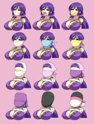 10s 1girl absurdres arms_behind_back ball_gag bdsm blindfold blush_stickers bondage bound breast_bondage breasts cleavage cloth_gag colored_blindfold covered_erect_nipples gag gagged green_eyes grin highres huge_breasts improvised_gag jam-orbital large_breasts layered_gags lock long_hair looking_at_viewer love_live! love_live!_school_idol_project low_twintails mask mouth_mask multiple_views open_mouth over_the_nose_gag padlock padlocked_collar pink_background progression purple_hair rope scrunchie smile tape tape_gag tojo_nozomi too_many twintails what