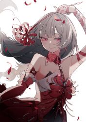 Rule 34 | 1girl, absurdres, bandaged arm, bandages, bare shoulders, black skirt, breasts, closed mouth, commentary, detached sleeves, dress, earrings, flower, grey eyes, grey hair, heterochromia, highres, holding, holding flower, jewelry, long hair, phrolova (wuthering waves), red dress, red eyes, red petals, red pupils, simple background, single detached sleeve, skirt, small breasts, smile, solo, spider lily, usako (usako1031), white background, wuthering waves