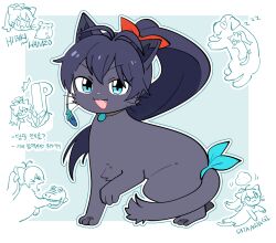 1boy animal animal_focus animalization antenna_hair black_fur black_hair blue_eyes cat fang ganaha_hibiki hair_ribbon hamuzou idolmaster idolmaster_(classic) inumi korean_commentary korean_text looking_at_viewer millcookie_pro multiple_views open_mouth outline p-head_producer ponytail producer_(idolmaster) red_ribbon ribbon sleeping smile white_outline zzz