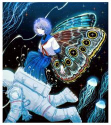 1girl absurdres black_background black_bodysuit blue_hair blue_sailor_collar blue_skirt bodysuit border butterfly_wings colorful from_side glowing highres insect_wings jellyfish long_skirt multicolored_wings natsushiro_kisame nayoyoki neckerchief original pleated_skirt red_neckerchief sailor_collar school_uniform serafuku short_hair signature skirt spacesuit sparkle_background turtleneck white_border wings