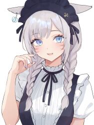1girl absurdres animal_ear_piercing animal_ears arm_up black_ribbon blue_eyes blue_nails blush braid cat_ears cat_girl commentary_request diamond-shaped_pupils diamond_(shape) dot_nose earrings eyelashes facial_mark facing_viewer final_fantasy final_fantasy_xiv fingernails frilled_sleeves frills grey_hair hand_up highres jewelry lilith_degree long_hair looking_to_the_side nail_polish neck_ribbon open_mouth puffy_short_sleeves puffy_sleeves ribbon short_sleeves simple_background single_earring smile solo symbol-shaped_pupils twin_braids upper_body warrior_of_light_(ff14) whisker_markings white_background
