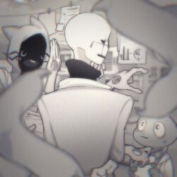 1boy 2others :| animal_hood blurry blurry_foreground chinese_commentary closed_mouth coat commentary_request expressionless extra_arms film_grain finger_frame fingernails from_behind gaster_follower_2 gaster_follower_3 greyscale holding holding_paper hole_in_hand hood hood_up indoors lazy_kun male_focus monochrome multiple_others open_mouth out_of_frame paper profile sharp_fingernails sweatdrop turtleneck undertale upper_body w.d._gaster