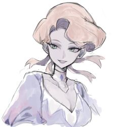 1girl aqua_eyes blonde_hair breasts cleavage collar collarbone creatures_(company) cropped_torso detached_collar dress fukuzawa_(huku486) game_freak glacia_(pokemon) highres large_breasts low-cut nintendo pokemon pokemon_oras puffy_sleeves purple_dress quad_tails sketch three-quarter_sleeves solo white_collar