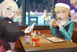 absurdres artoria_pendragon_(fate) blonde_hair breasts bubble_tea burger cellphone christmas christmas_lights eating fate/grand_order fate_(series) food french_fries green_eyes green_hair hair_ribbon hat highres jacket jeanne_d&#039;arc_(fate) jeanne_d&#039;arc_alter_(avenger)_(fate) jeanne_d&#039;arc_alter_(fate) kfc large_breasts phone quatthro restaurant ribbon saint_quartz_(fate) santa_alter santa_hat short_hair skirt smartphone tongue tongue_out