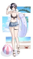 1girl absurdres ball beach beachball bikini bikini_top_only black_bikini black_hair bow breasts cleavage cloud crab cross-laced_footwear denim denim_shorts earrings front-tie_bikini_top front-tie_top highres holding holding_floatie holding_removed_eyewear hoop_earrings iris_black_games jewelry kisaragi_ren_(vtuber) medium_breasts ocean ponytail red_eyes round_eyewear short_hair short_ponytail shorts siro_o77 solo standing sunglasses swimsuit thigh_strap unworn_eyewear virtual_youtuber vspo!