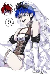 2boys ahoge black_hair blue_eyes blue_hair bridge_piercing clothing_request crossdressing earrings eyepatch face_piercing jewelry lingerie lip_piercing male_focus messy_hair multicolored_hair multiple_boys musical_note omokage_yugamu one_eye_closed piercing red_hair speech_bubble sumino_takumi sweatdrop teeth the_hundred_line_-last_defense_academy- underwear upper_teeth_only