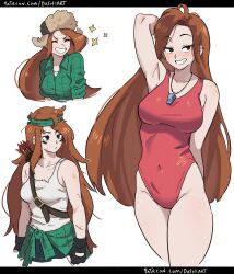&gt;_&lt; 1girl :d absurdres body_freckles breast_freckles breasts commentary dashi_(dashiart) earrings english_commentary flannel freckles fur_hat gravity_falls grin hat highres jewelry lifeguard long_hair looking_at_viewer medium_breasts official_alternate_costume open_mouth orange_hair plaid_clothes plaid_shirt red_hair shirt shoulder_freckles smile solo ushanka wendy_corduroy xd