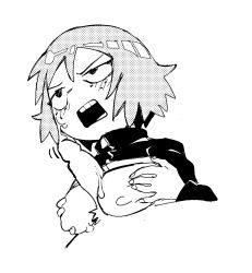 1boy 1girl annoyed black_eyes blush breast_hold breasts breasts_out clothed_female_nude_male cum cum_on_body cum_on_breasts cum_on_upper_body disembodied_penis facial freckles highres jacket kim_pine male_pubic_hair monochrome nobloo nude open_mouth paizuri penis pubic_hair scott_pilgrim_(series) short_hair track_jacket