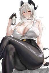 1girl absurdres arm_support bare_shoulders black_choker black_gloves black_horns black_pants black_tail blush breasts button_gap can choker cleavage commentary_request crossed_legs curled_horns curvy demon_tail dress_shirt from_below gloves half_gloves heavy_breathing high-waist_pants highres holding holding_can horns huge_breasts igiroitsu long_hair looking_at_viewer pants shirt shirt_tucked_in simple_background sitting sleeveless sleeveless_shirt solo tail thick_thighs thighs tight_clothes tight_pants twitter_username white_background white_hair white_shirt wide_hips wuthering_waves zani_(wuthering_waves)