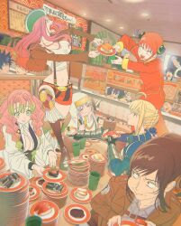 6+boys 6+girls :t ahoge anger_vein armor armored_dress artoria_pendragon_(fate) bartholomew_kuma black_hair blonde_hair blue_dress bonney_pirates_jolly_roger braid braided_bun breasts brown_hair brown_jacket bun_cover cheek_bulge china_dress chinese_clothes chopsticks cleavage closed_mouth commentary_request connie_springer crossover demon_slayer_uniform double_bun dress eating emiya_shirou fate/stay_night fate_(series) feet_on_table fighting_over_food food food_on_face foreshortening gauntlets gintama gradient_hair green_eyes green_hair grey_hair hair_bun hair_over_shoulder hand_on_own_cheek hand_on_own_face highres holding holding_chopsticks holding_plate iguro_obanai index_(toaru_majutsu_no_index) indoors jacket jewelry_bonney kagura_(gintama) kamijou_touma kanroji_mitsuri kimetsu_no_yaiba large_breasts long_hair long_sleeves looking_at_another mole mole_under_each_eye mole_under_eye multicolored_hair multiple_boys multiple_girls multiple_moles navel nun one_piece open_mouth orange_hair pankou pants paradis_military_uniform pentagram pink_hair plate pointing red_pants red_shirt saber_(fate) sakata_gintoki sasha_blouse shimura_shinpachi shingeki_no_kyojin shirt short_shorts shorts sidelocks sitting smile soy_sauce spiked_hair standing stomach sushi suspenders toaru_majutsu_no_index trait_connection tri_braids twin_braids uraura_ura-chan white_shirt