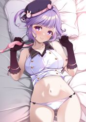 1girl absurdres azur_lane bare_shoulders black_gloves blush breasts gloves hair_ornament hat hat_ornament highres large_breasts looking_at_viewer matchless_(azur_lane) navel origami_aya panties purple_eyes purple_hair rabbit_hair_ornament shirt sleeveless sleeveless_shirt smile solo underwear white_panties white_shirt