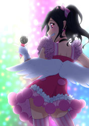 10s 1girl black_hair blush bow choker cowboy_shot dress earrings female_focus from_behind gloves grin hair_bow highres idol jewelry looking_back love_live! love_live!_school_idol_festival love_live!_school_idol_project m/ microphone oku_no_shi red_dress red_eyes short_hair smile solo striped_clothes striped_thighhighs thighhighs twintails vertical-striped_clothes vertical-striped_thighhighs white_gloves yazawa_nico