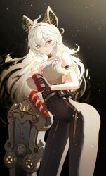 Rule 34 | 1girl, absurdres, arm strap, bare shoulders, black background, black choker, black gloves, black horns, black pants, blonde hair, bright pupils, can, choker, commentary, cowboy shot, curled horns, drink can, gloves, hair between eyes, high-waist pants, highres, holding, holding can, horns, long hair, looking at viewer, necktie, necktie around wrists, pants, parted lips, red eyes, red necktie, shield, shirt, shirt tucked in, sinonomemikann, solo, tight clothes, tight pants, torn clothes, torn shirt, white pupils, white shirt, wuthering waves, zani (wuthering waves)