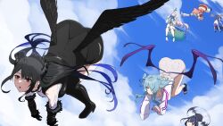 6+girls absurdres ass asymmetrical_horns black_hair blue_eyes blue_hair braid braided_bangs closed_eyes cloud cloudy_sky daydarion demon_horns earrings elira_pendora elira_pendora_(1st_costume) feather-trimmed_jacket feather_earrings feathers flying grey_hair hair_over_one_eye hat head_wings highres hololive hololive_english hololive_indonesia horns jewelry long_hair long_sleeves low_wings mole mole_under_eye multicolored_hair multiple_girls nerissa_ravencroft nerissa_ravencroft_(1st_costume) nijisanji nijisanji_en ninomae_ina&#039;nis ninomae_ina&#039;nis_(1st_costume) open_mouth orange_hair orange_hat ouro_kronii pavolia_reine pavolia_reine_(1st_costume) purple_hair red_eyes side_ponytail skindentation sky smile takanashi_kiara takanashi_kiara_(1st_costume) top-down_bottom-up two-tone_hair upskirt virtual_youtuber wings