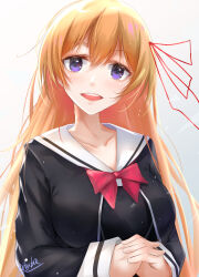 Rule 34 | 1girl, absurdres, blush, bow, breasts, buttons, chaos;child, chest bow, collarbone, cropped jacket, double-breasted, dress vest, hair ribbon, hekiho academy school uniform, highres, kurusu nono, large breasts, light blush, long hair, long sleeves, miniskirt, open mouth, orange hair, own hands clasped, own hands together, purple eyes, red bow, red ribbon, ribbon, sailor collar, school uniform, science adventure, skirt, teeth, tongue, upper teeth only, white sailor collar, yakku
