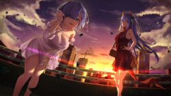 2girls absurdres adjusting_hair atlanta bag belt black_belt black_dress blue_eyes blue_hair breasts bridge cleavage cloud commission commissioner_upload crossover dress dusk glowing_ears hair_ornament hair_over_one_eye hair_ribbon hand_on_own_hip hand_on_own_thigh handbag headgear highres holding holding_bag hotel leaf long_hair looking_at_viewer multiple_girls nev_(nevblindarts) non-web_source outdoors pink_dress pink_ribbon poppi_(xenoblade) poppi_qtpi_(xenoblade) purple_hair railing re:zero_kara_hajimeru_isekai_seikatsu red_scarf rem_(re:zero) ribbon robot_ears scarf short_hair skyline sun_glare sunset wind x_hair_ornament xenoblade_chronicles_(series) xenoblade_chronicles_2