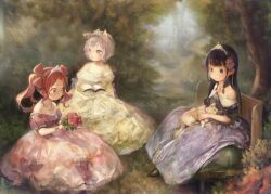 3girls :3 animal animal_ears bad_blogspot_id bad_id bad_source bench black_hair blue_dress blue_eyes blue_ribbon blunt_bangs book bouquet bracelet castle cat_ears cat_girl child dog dot_nose dress flower forest gown henreader highres holding holding_animal holding_book holding_bouquet jewelry kyou_kara_ore_wa_loli_no_himo! light_blush long_hair looking_down looking_to_the_side medium_hair multiple_girls nature necklace official_art official_wallpaper on_bench on_ground open_book pink_dress promotional_art red_hair ribbon short_eyebrows short_hair sitting sleeping_animal smile tiara tree twintails white_hair yellow_dress