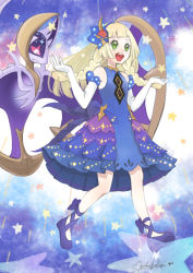 1girl :d bare_shoulders blonde_hair blue_dress braid commentary_request dress elbow_gloves eyelashes gen_7_pokemon gloves green_eyes legendary_pokemon lillie_(anniversary_2021)_(pokemon) lillie_(pokemon) long_hair lunala mocha_fushigi nintendo official_alternate_costume open_mouth pokemon pokemon_(creature) pokemon_masters_ex shoes smile star_(symbol) teeth tongue twin_braids upper_teeth_only white_gloves