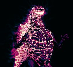 alternate_form arms_up black_background burning burning_godzilla carnotauris claws embers fire glowing glowing_eyes godzilla godzilla_(series) godzilla_vs._destoroyah highres monster open_mouth scales sharp_teeth simple_background smoke smoke_trail solo teeth toho white_eyes