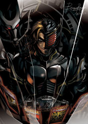 1boy armor artist_name bawang-ryuuzaki black_armor black_theme brown_hair card contract_monster dated dragblacker dragon evil_smile kamen_rider kamen_rider_ryuga kamen_rider_ryuki_(series) looking_at_viewer mirror mirror_shinji red_eyes smile tokusatsu upper_body v_buckle