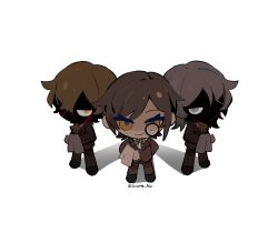 1girl 2girls blonde_hair blood blood_on_face brown_hair brown_suit chibi faust_(project_moon) formal_clothes full_body hair_over_one_eye highres korean_text limbus_company monocle multiple_girls official_alternate_costume outis_(project_moon) project_moon short_hair simple_background sinclair_(project_moon) smile south_ac suit white_background white_hair