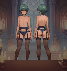 1girl ass black_panties breasts brown_hair brown_thighhighs candle church collarbone dark-skinned_female dark_skin garter_belt grin highres indoors nayt_layt nipples original panties red_eyes short_hair skindentation small_breasts smile teeth thighhighs topless_female underwear