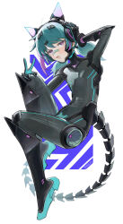 1boy absurdres aqua_boots aqua_gloves aqua_hair black_bodysuit black_boots black_gloves bodysuit boots commentary commission english_commentary gloves hair_ornament hairclip hand_on_own_head hand_on_own_knee headphones highres knee_boots latex latex_bodysuit light_blush long_hair looking_at_viewer mechanical_tail multicolored_boots multicolored_hair open_mouth original purple_eyes purple_hair saaal653 signature streaked_hair tail trap twintails two-tone_boots two-tone_gloves v white_background