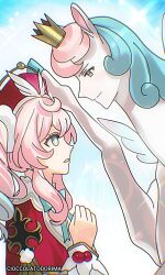 1girl artist_name blue_background blue_eyes blue_hair bright_pupils centaur cioccolatodorima closed_mouth commentary crown drill_hair english_commentary expressionless from_side gradient_hair grey_eyes hand_up hat height_difference highres honkai:_star_rail honkai_(series) hyacine_(honkai:_star_rail) kabedon lens_flare light_smile little_ica_(honkai:_star_rail) long_hair long_sleeves mini_crown multicolored_eyes multicolored_hair parody parted_lips personification pink_hair pointed_crown profile red_hat side_drill sparkle_background taur two-tone_eyes two-tone_hair uma_no_prince-sama upper_body white_pupils yellow_eyes