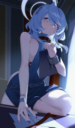 1girl absurdres ako_(blue_archive) ako_(dress)_(blue_archive) blue_archive blue_dress blue_eyes blue_hair blue_halo bracelet breasts collar commentary_request dress fingernails hair_between_eyes halo highres jewelry large_breasts looking_at_viewer medium_hair nail_polish official_alternate_costume purple_nails red_collar single_handcuff sleeveless sleeveless_dress solo thighs wako_(1194433260)