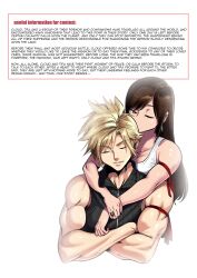 1boy 1girl aarokira absurdres bandana bandana_around_arm blonde_hair brown_hair closed_eyes cloud_strife couple english_text final_fantasy final_fantasy_vii hetero highres hug hug_from_behind jewelry muscular muscular_male non-web_source one_eye_closed red_bandana ring shirt tifa_lockhart wedding_ring white_background white_shirt zipper
