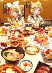 1boy 1girl bare_shoulders bass_clef blonde_hair blouse blue_eyes bookshelf bow bowl brother_and_sister burger cake clam commentary cream cup detached_sleeves drinking_glass eating egg egg_yolk feast fish_(food) food food_focus fork french_fries fruit green_hair hair_bow hair_ornament hairclip hatsune_miku headphones headset highres holding holding_fork holding_knife holding_spoon ice_cream indoors juice kagamine_len kagamine_rin knife margherita_pizza meat mousse_(food) neck_ribbon necktie nigirizushi noodles nori_(seaweed) pancake pasta photo_(object) pizza plate pudding puffy_short_sleeves puffy_sleeves ramen ribbon rice sailor_collar saucer sawashi_(ur-sawasi) shirt short_hair short_sleeves shrimp siblings sleeveless sleeveless_shirt smile souffle_(food) souffle_pancake soup spaghetti sparkle spiked_hair spoon steak strawberry suna_no_wakusei_(vocaloid) sundae sushi takoyaki tomato treble_clef twins vocaloid wafer_stick wasabi white_bow white_shirt yellow_neckwear
