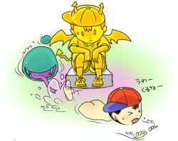 &gt;_&lt; ass ass_focus back bare_back barefoot black_hair blush bone_(artist) child elementary_schoolboy feet gold_statue hat huge_ass japanese_text lake male_focus monster mother_(series) mother_2 ness ness_(mother_2) nintendo nude on_model red_hat shota soles statue swimming toes