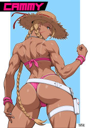 1girl ass back_muscles backboob belt bikini bracelet braid breasts cammy_white clenched_hand facial_scar hand_on_own_hip hat highres jewelry looking_at_viewer looking_back loose_belt low_twin_braids muscular muscular_female necklace official_alternate_costume pink_bikini pouch scar scar_on_cheek scar_on_face solo strapless strapless_bikini straw_hat street_fighter street_fighter_6 swimsuit tan tanline thigh_gap thigh_pouch thigh_strap twin_braids yatagarasupen