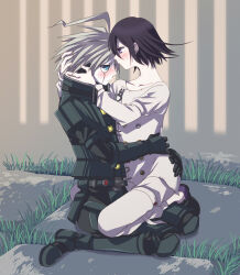 2boys agedo_ufu ahoge android arm_belt armor arms_around_waist black_hair blue_eyes blush buttons collarbone commentary_request danganronpa_(series) danganronpa_v3:_killing_harmony flipped_hair from_side gloves grass hair_between_eyes hand_in_another&#039;s_hair k1-b0 long_sleeves looking_at_viewer male_focus medium_hair multicolored_buttons multiple_boys no_scarf oma_kokichi on_ground pale_skin partial_commentary power_armor profile purple_eyes robot_ears seiza short_hair shy sitting sitting_on_lap sitting_on_person spiked_hair white_hair yaoi