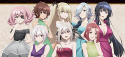 6+girls bare_shoulders black_hair blonde_hair blue_eyes breasts cleavage collarbone dress eyepatch green_eyes grete_(spy_kyoushitsu) highres jewelry large_breasts lily_(spy_kyoushitsu) long_hair monika_(spy_kyoushitsu) multiple_girls necklace official_art purple_eyes red_eyes red_hair smile spy_kyoushitsu sybilla_(spy_kyoushitsu) thea_(spy_kyoushitsu) twintails